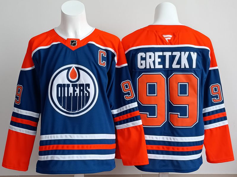 Men 2025 Edmonton Oilers #99 Gretzky Blue Fanatics Home Premium NHL Jersey style 1